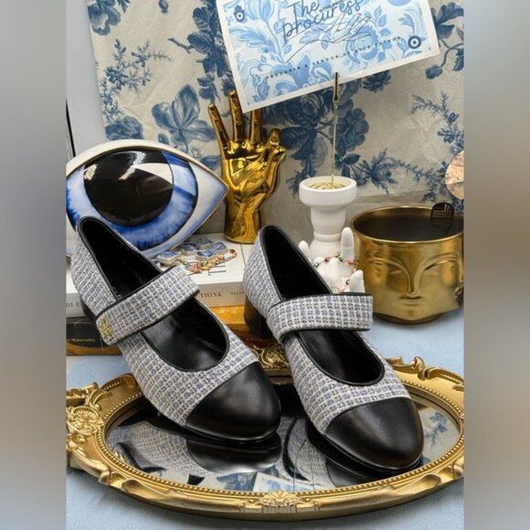 🆕 TORY BURCH 🧿 NWOB Mary Jane Heeled Ballet Flat, Blue Tweed, Sz 6.5 *SAMPLE* - Picture 2 of 16